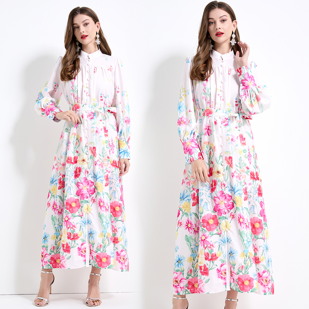 Vacation pinched waist lantern sleeve long dress