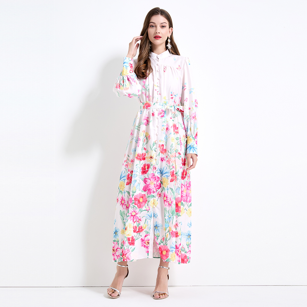 Vacation pinched waist lantern sleeve long dress