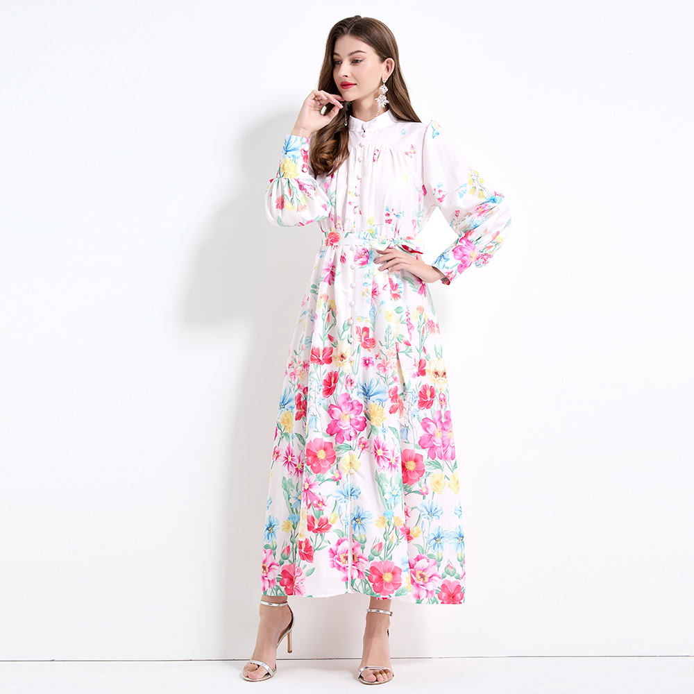 Vacation pinched waist lantern sleeve long dress