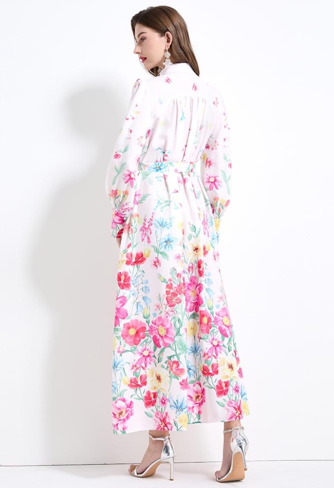 Vacation pinched waist lantern sleeve long dress