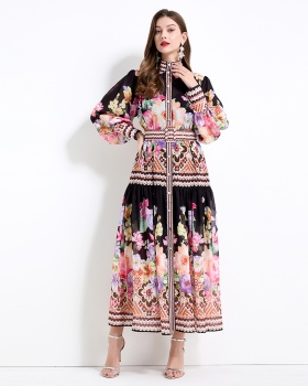 Chiffon court style flowers retro long dress 2pcs set