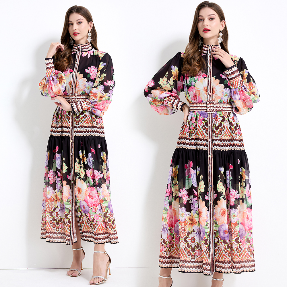 Chiffon court style flowers retro long dress 2pcs set