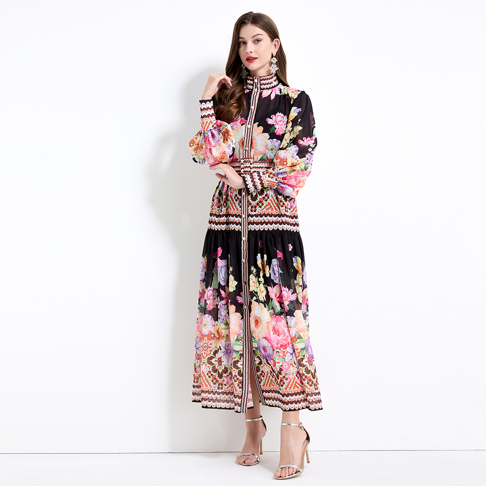 Chiffon court style flowers retro long dress 2pcs set