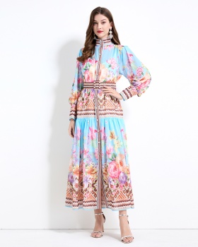 Chiffon court style printing long sleeve long dress 2pcs set