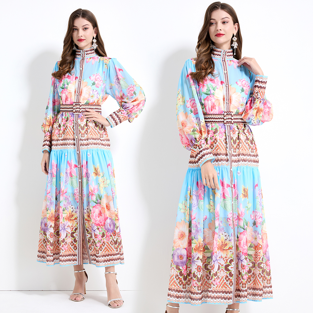 Chiffon court style printing long sleeve long dress 2pcs set