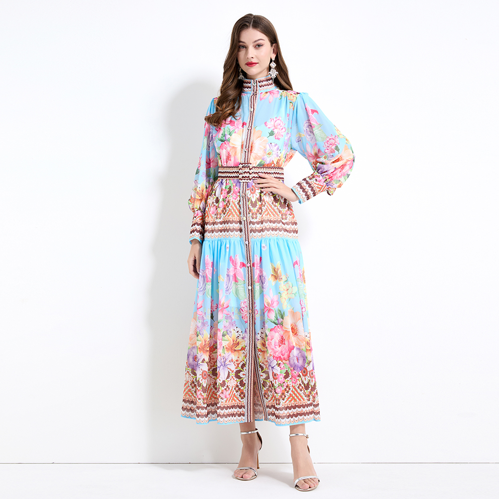 Chiffon court style printing long sleeve long dress 2pcs set