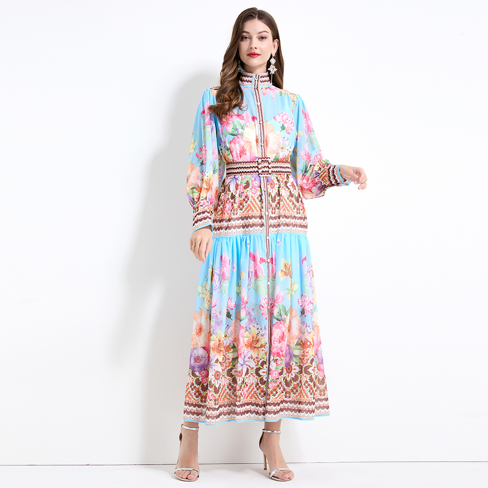 Chiffon court style printing long sleeve long dress 2pcs set