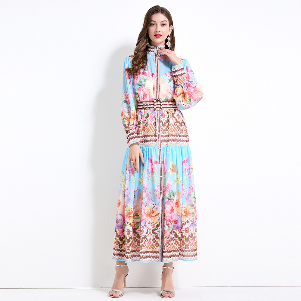 Chiffon court style printing long sleeve long dress 2pcs set