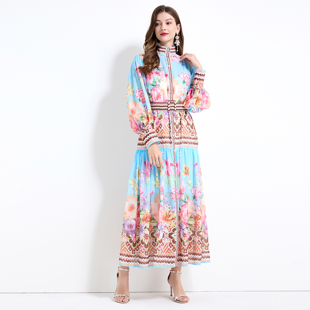 Chiffon court style printing long sleeve long dress 2pcs set