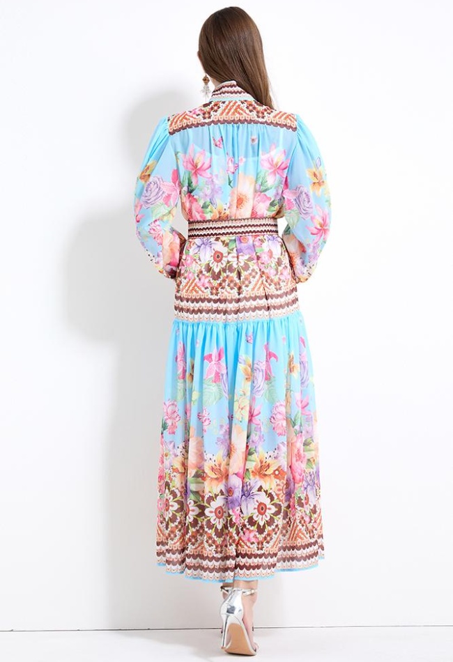 Chiffon court style printing long sleeve long dress 2pcs set