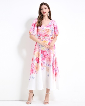 Colors vacation printing flax puff sleeve dress