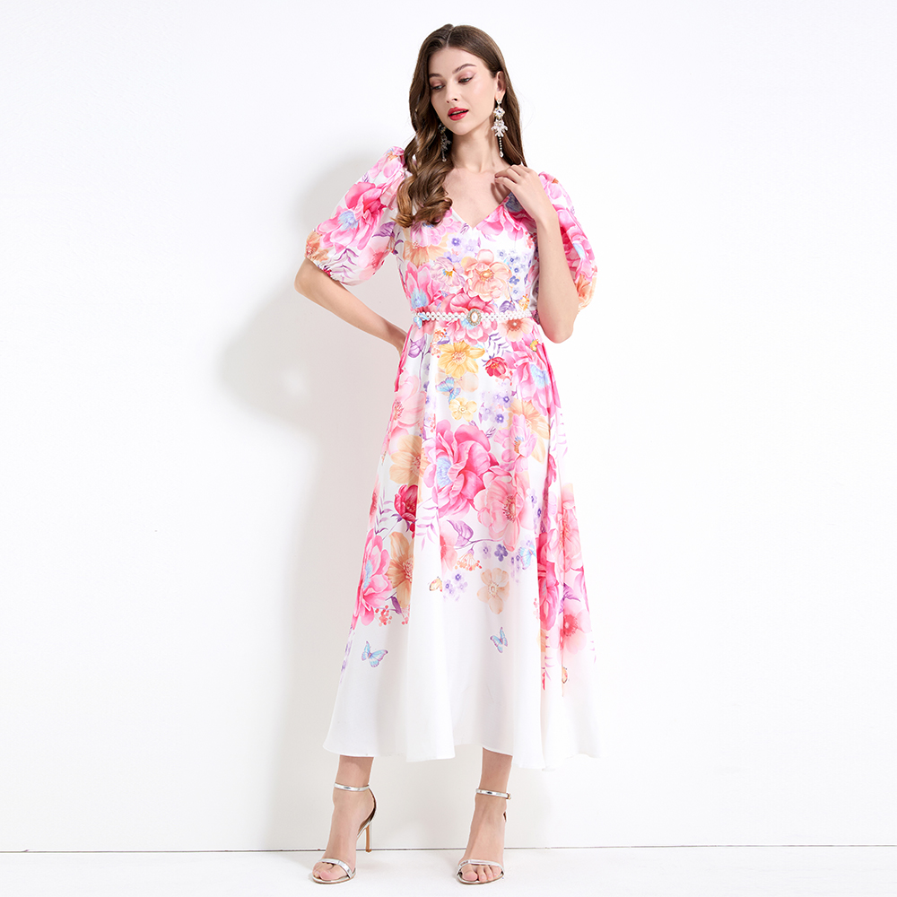 Colors vacation printing flax puff sleeve dress