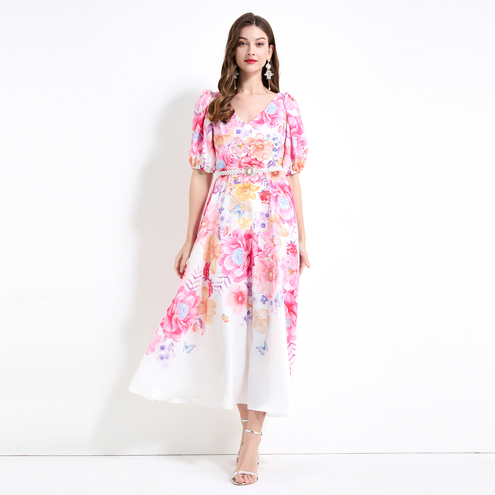 Colors vacation printing flax puff sleeve dress