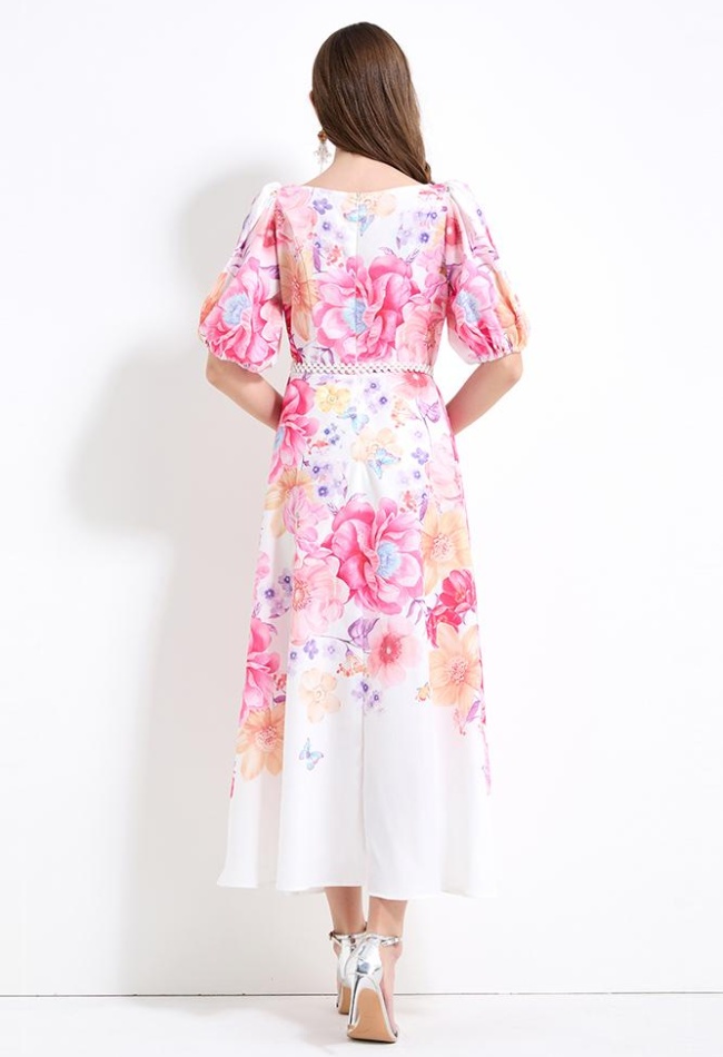 Colors vacation printing flax puff sleeve dress