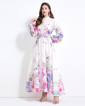 Pinched waist printing vacation big skirt lantern sleeve dress