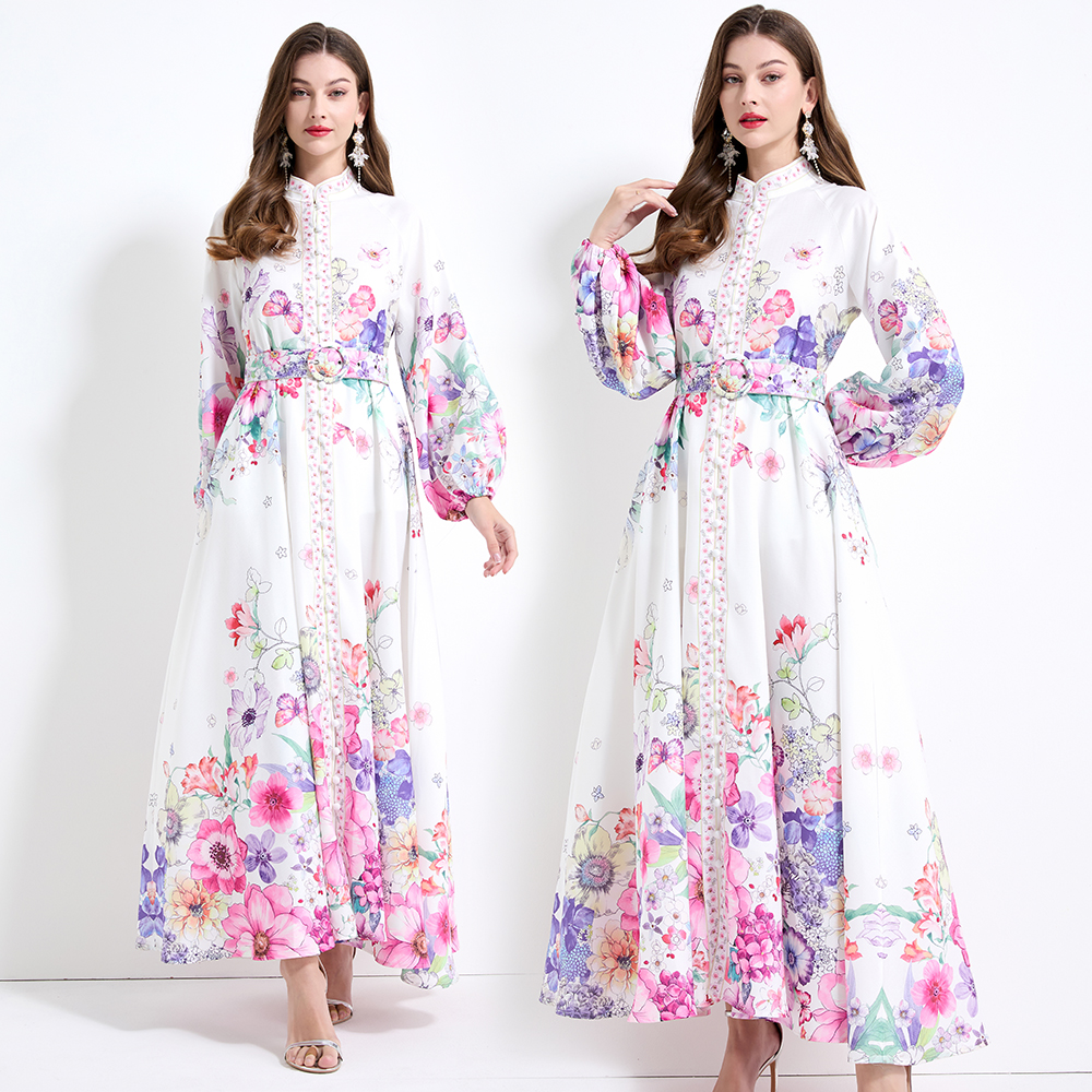 Pinched waist printing vacation big skirt lantern sleeve dress