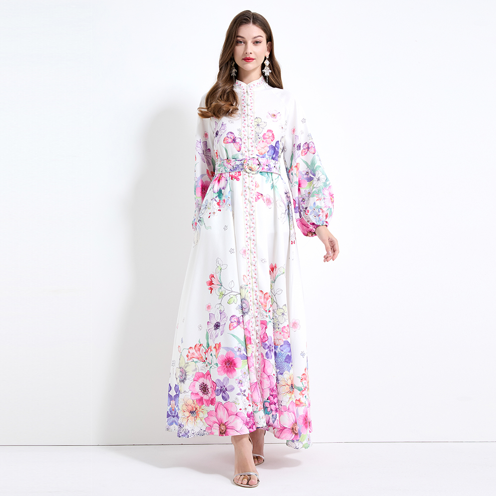 Pinched waist printing vacation big skirt lantern sleeve dress