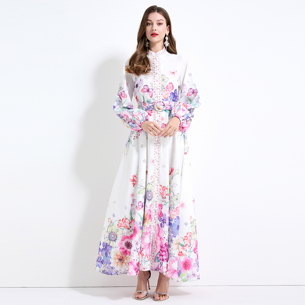 Pinched waist printing vacation big skirt lantern sleeve dress