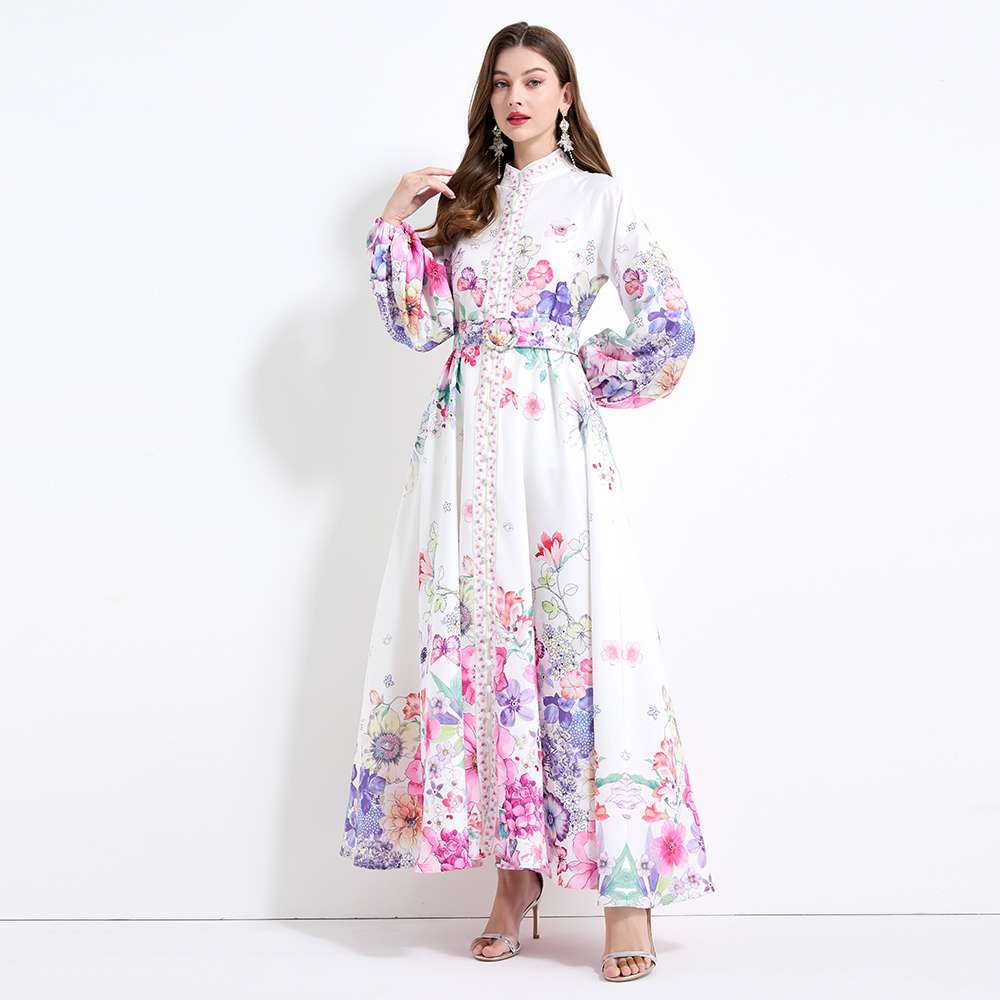 Pinched waist printing vacation big skirt lantern sleeve dress