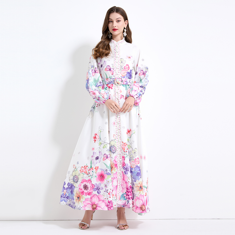 Pinched waist printing vacation big skirt lantern sleeve dress