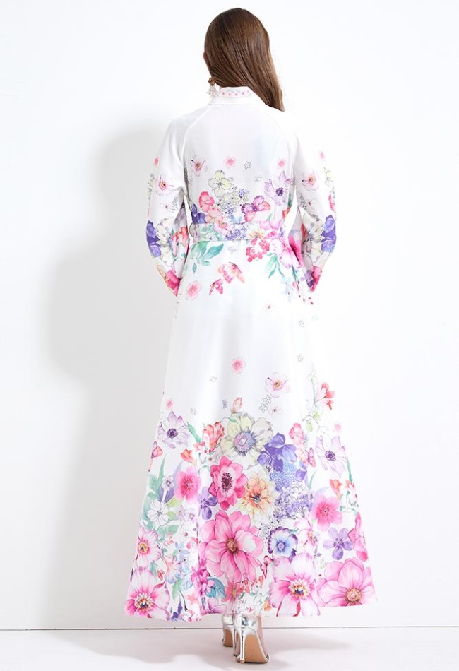 Pinched waist printing vacation big skirt lantern sleeve dress