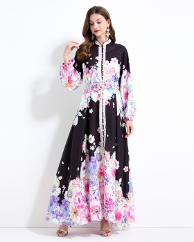 Printing vacation lantern sleeve big skirt dress