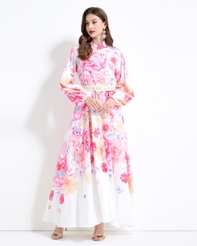 Big skirt printing flax flowers lantern sleeve dress