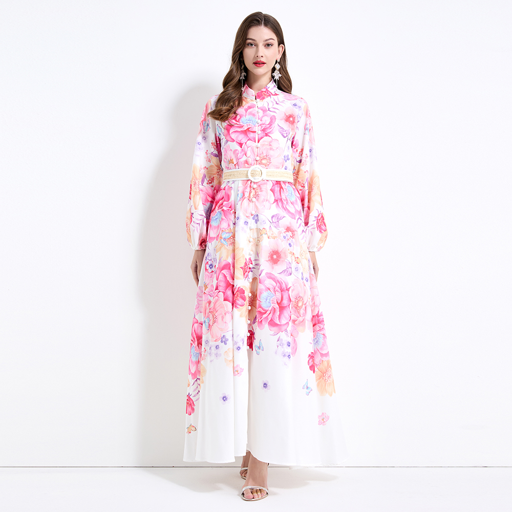 Big skirt printing flax flowers lantern sleeve dress