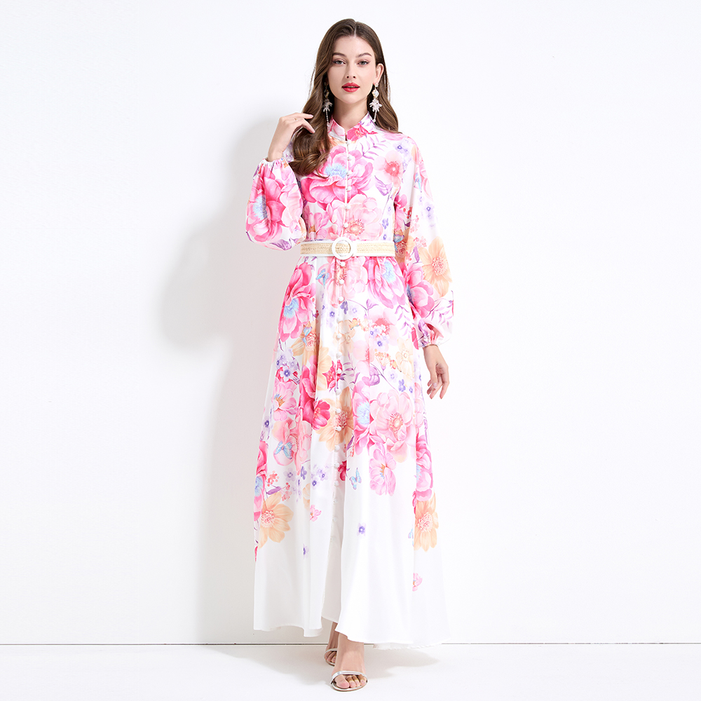 Big skirt printing flax flowers lantern sleeve dress