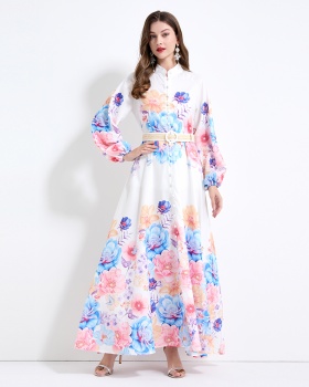 Big skirt printing lantern sleeve flowers vacation dress