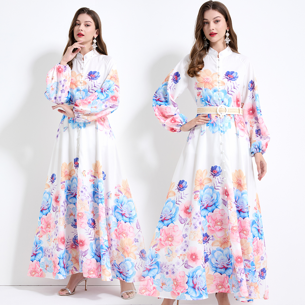 Big skirt printing lantern sleeve flowers vacation dress