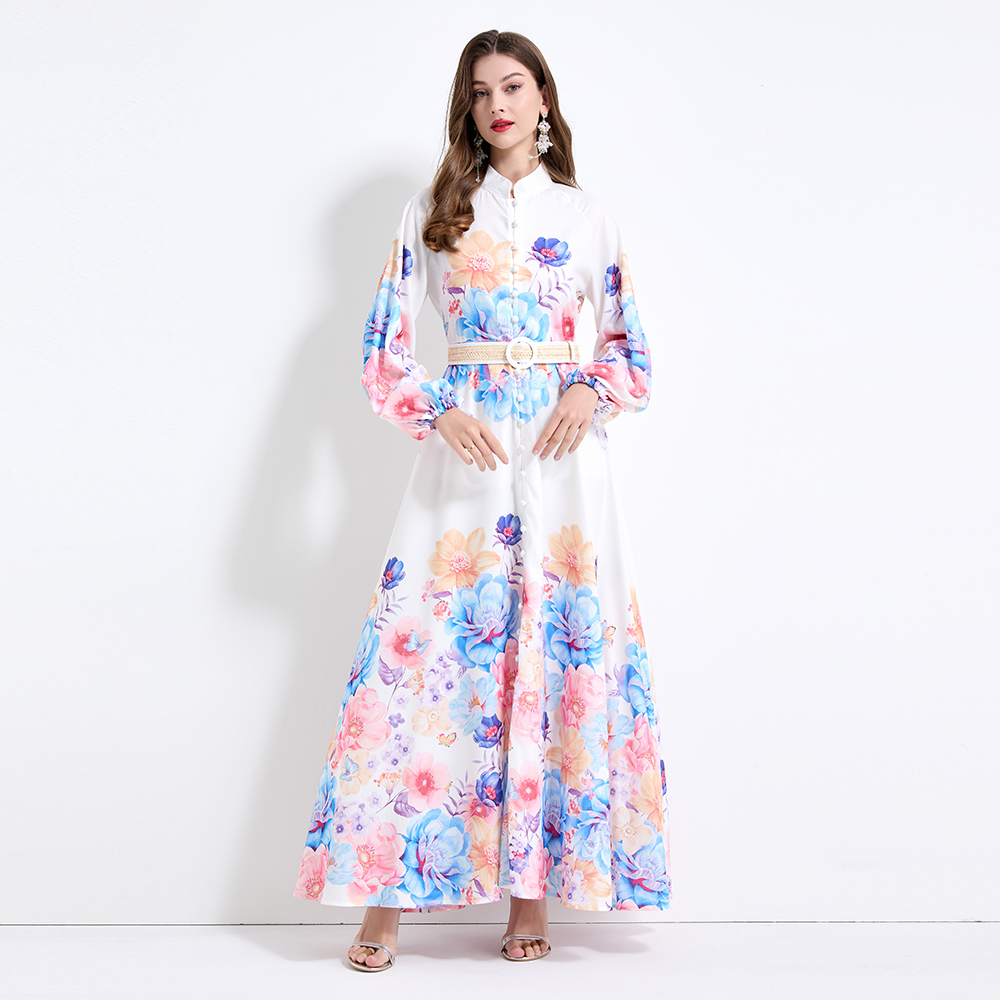 Big skirt printing lantern sleeve flowers vacation dress