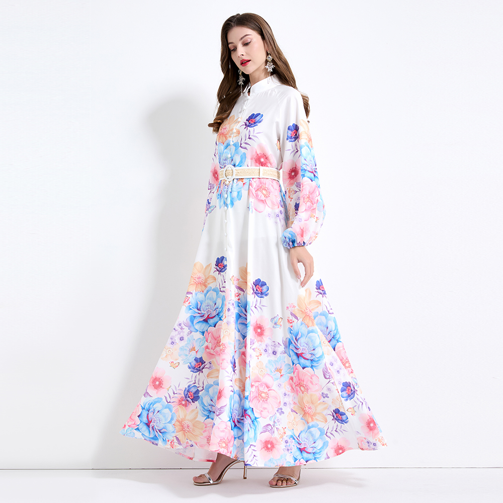 Big skirt printing lantern sleeve flowers vacation dress