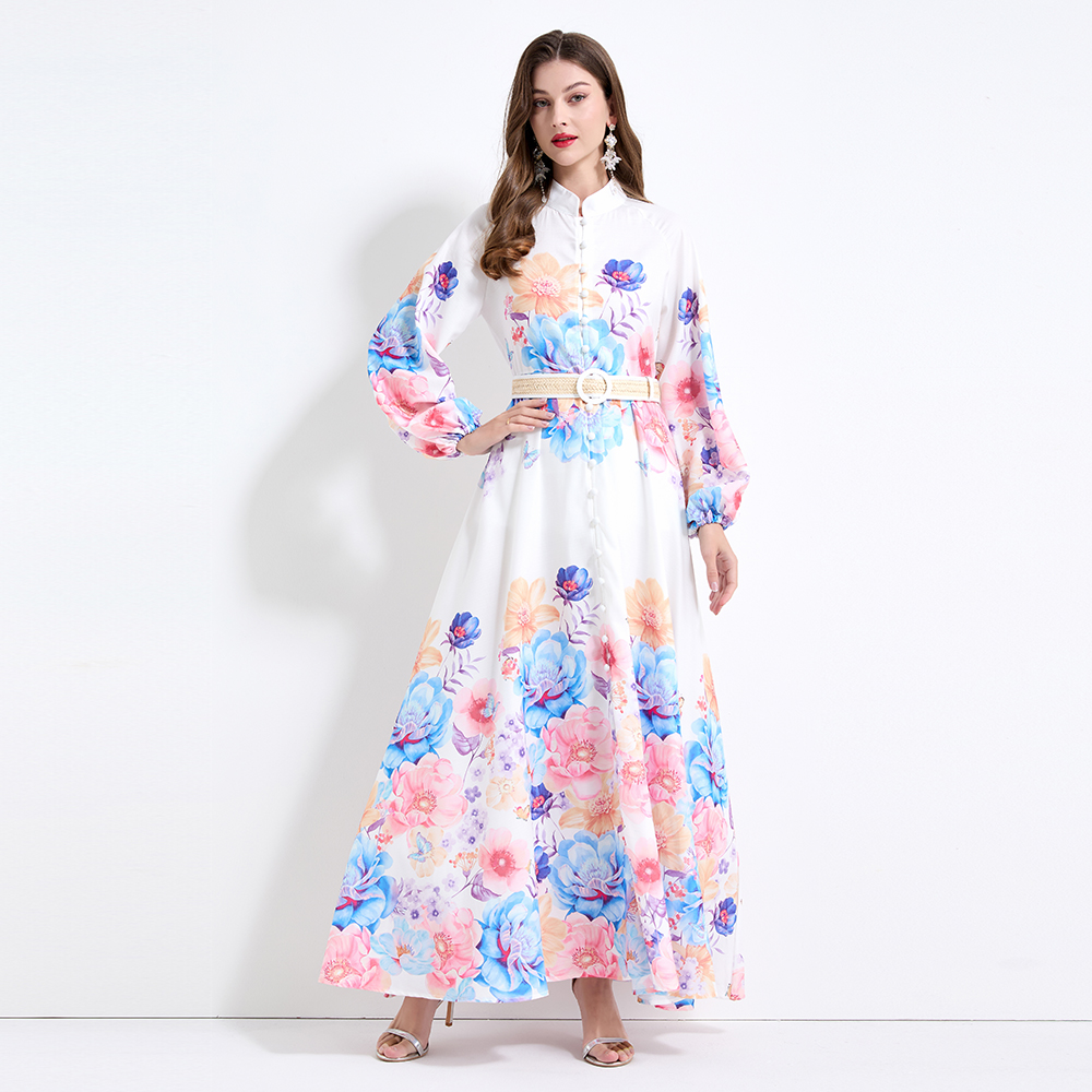 Big skirt printing lantern sleeve flowers vacation dress