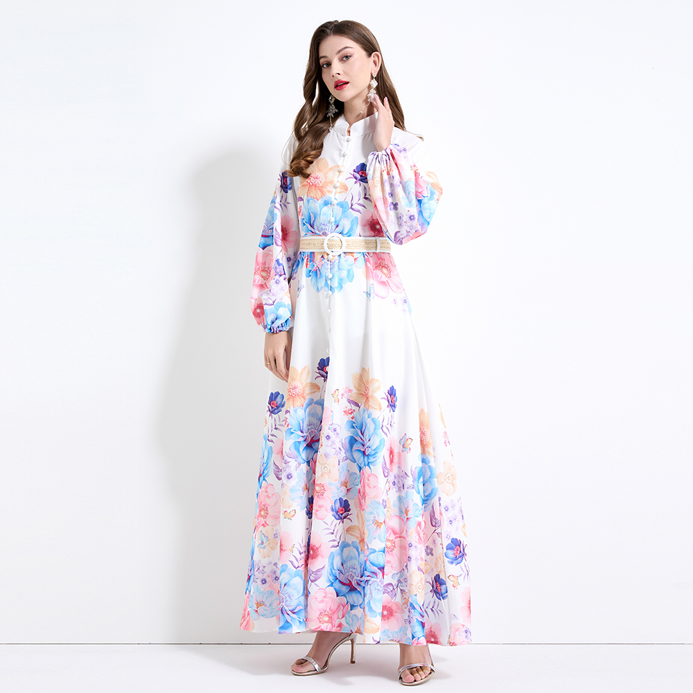 Big skirt printing lantern sleeve flowers vacation dress