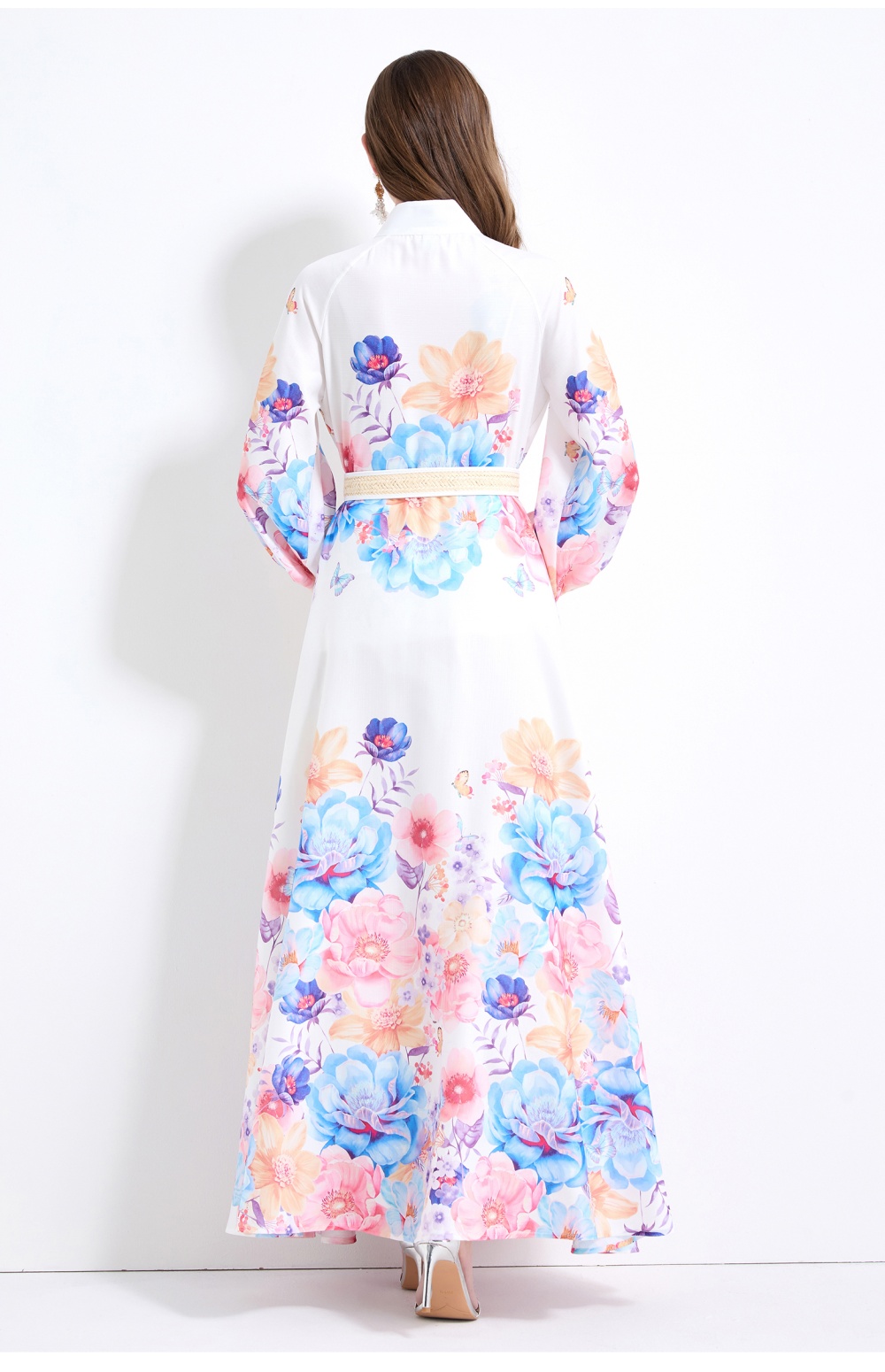 Big skirt printing lantern sleeve flowers vacation dress