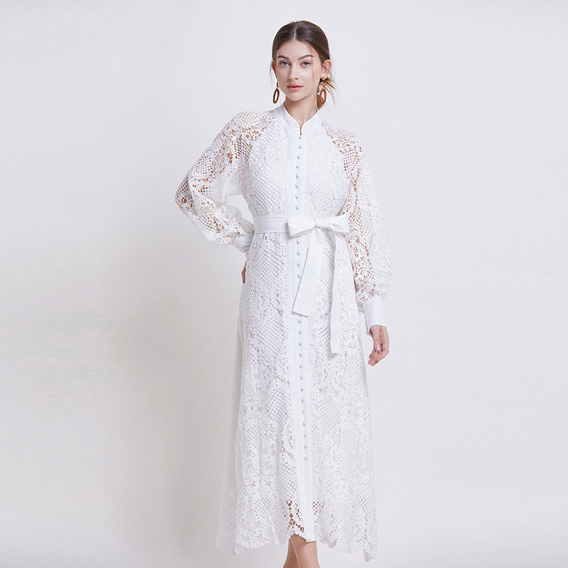 Wavy edge lace white long dress ladies frenum jumpsuit