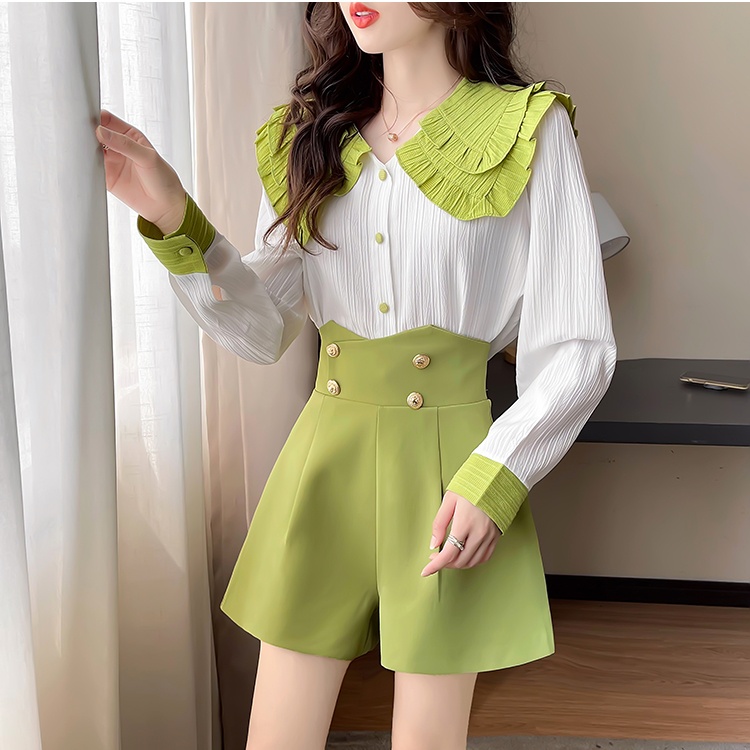 High waist A-line tops lady chanelstyle shorts 2pcs set