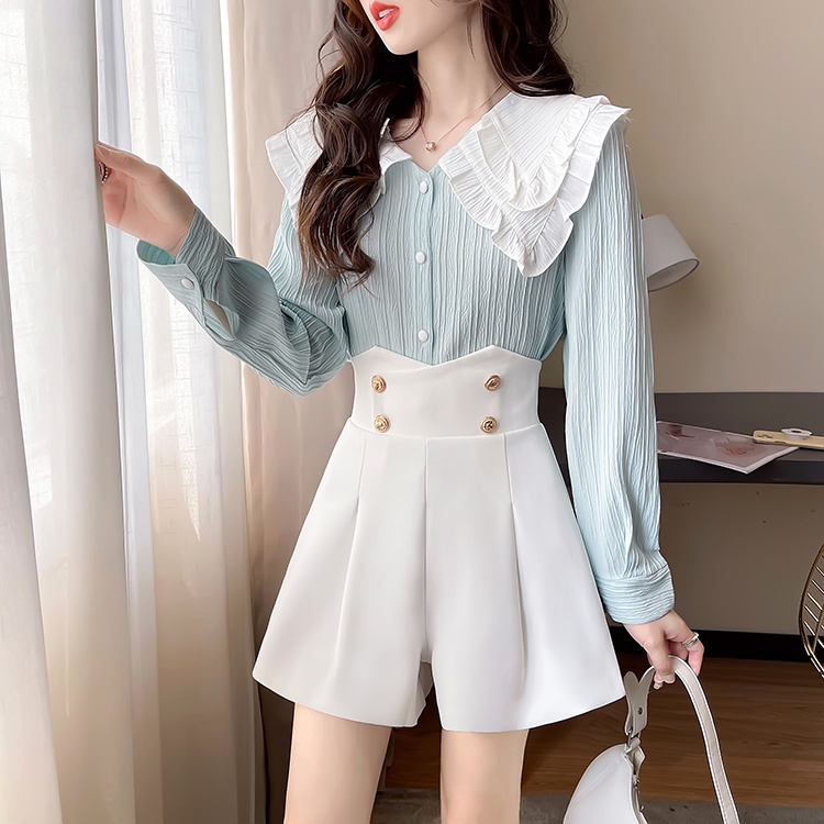 High waist A-line tops lady chanelstyle shorts 2pcs set