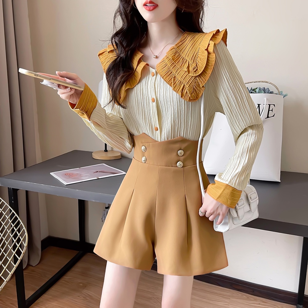 High waist A-line tops lady chanelstyle shorts 2pcs set