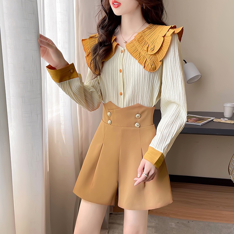 High waist A-line tops lady chanelstyle shorts 2pcs set