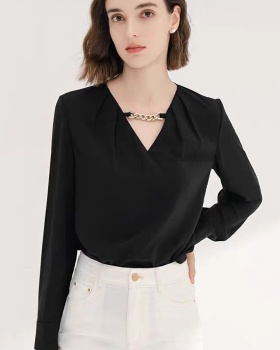 Chain V-neck satin spring France style shirt for women