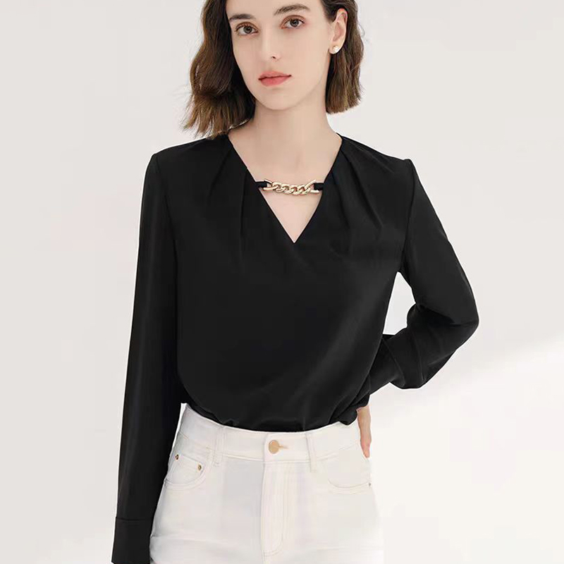 Chain V-neck satin spring France style shirt for women