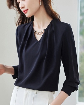 Pinched waist V-neck France style long sleeve shirt for women