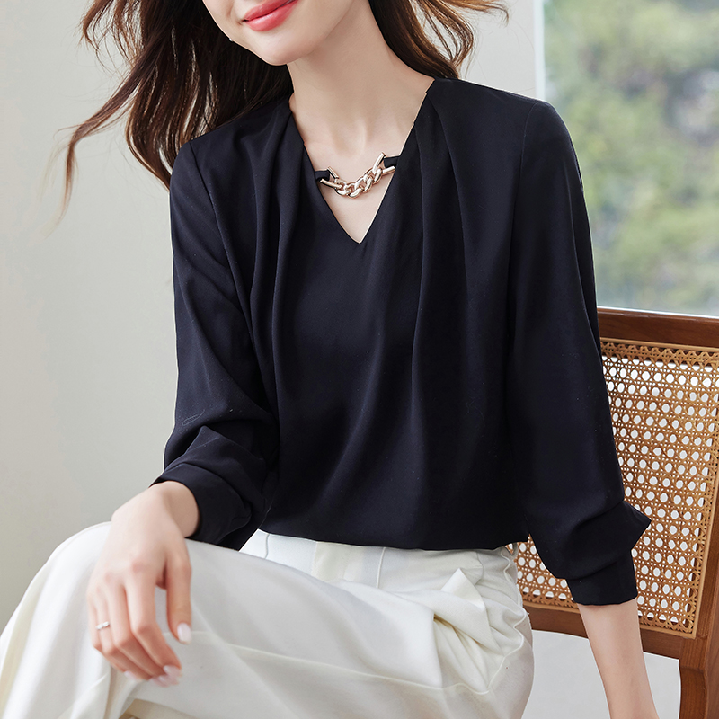 Pinched waist V-neck France style long sleeve shirt for women