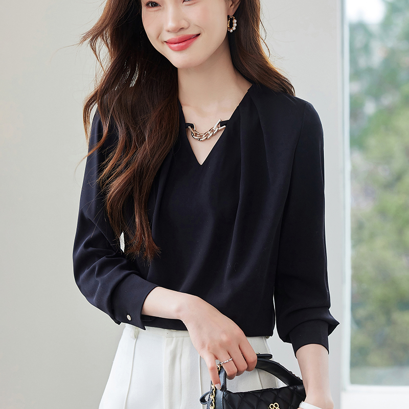 Pinched waist V-neck France style long sleeve shirt for women