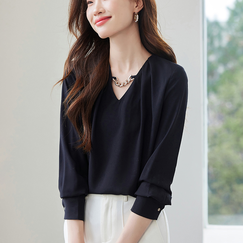 Pinched waist V-neck France style long sleeve shirt for women