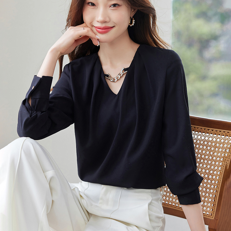 Pinched waist V-neck France style long sleeve shirt for women