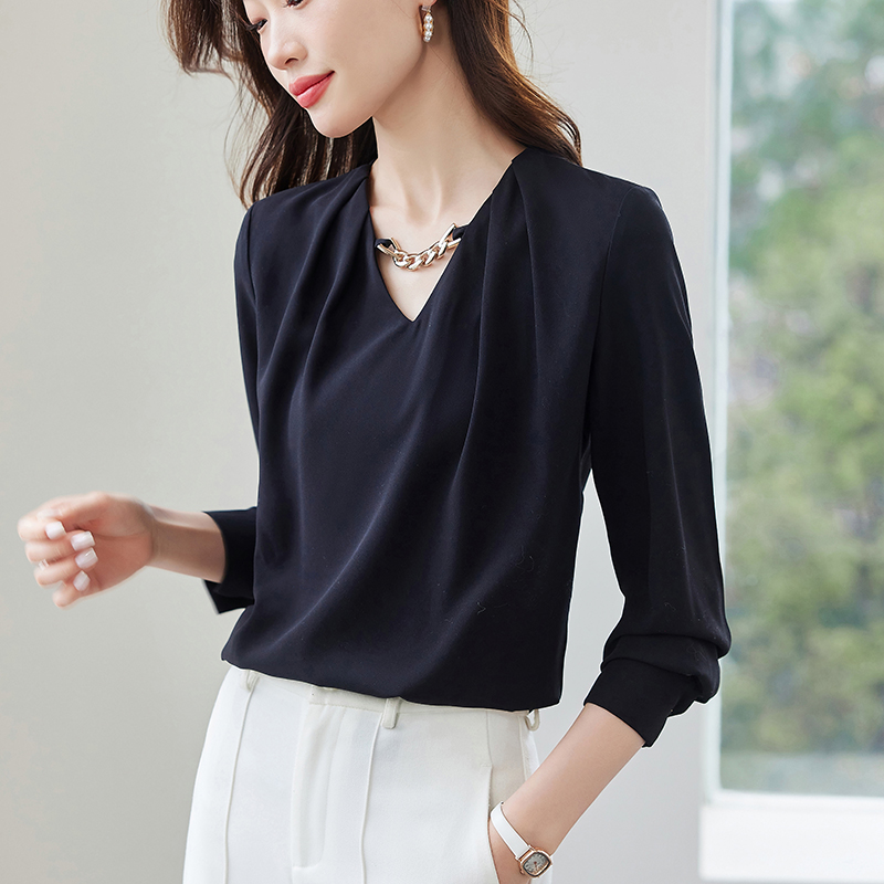 Pinched waist V-neck France style long sleeve shirt for women