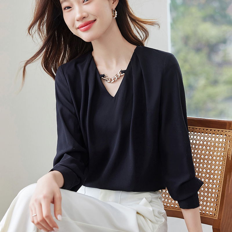 Pinched waist V-neck France style long sleeve shirt for women